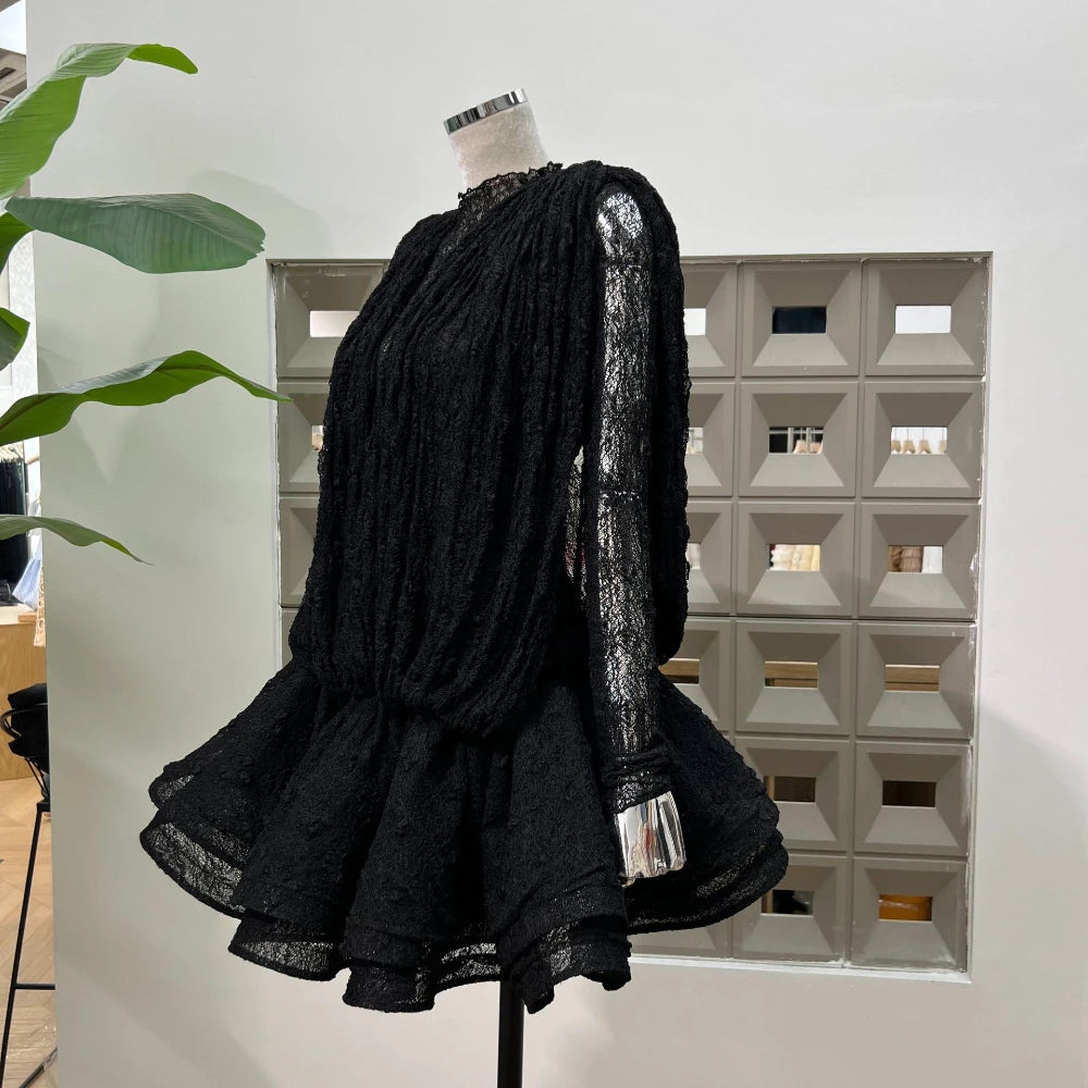 Chic Sheer Three Pieces Mini Dresses For Women Sexy O Neck Long Sleeve Tops Shorts Celebrity See Through Birthday Luxury Outfit