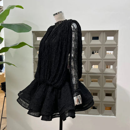 Chic Sheer Three Pieces Mini Dresses For Women Sexy O Neck Long Sleeve Tops Shorts Celebrity See Through Birthday Luxury Outfit