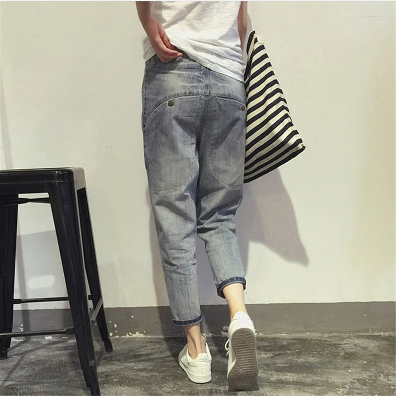 16023 Women's Jeans Spring Korean Style Loose Office Ladies Streetwear Solid Color Light Blue Elastic Bleach Scratch Denim Pants