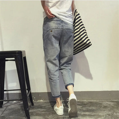 16023 Women's Jeans Spring Korean Style Loose Office Ladies Streetwear Solid Color Light Blue Elastic Bleach Scratch Denim Pants