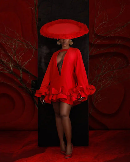 Chic Red Short Dress Women Formal Occasion Dresses Custom Made Deep V Neck Oversize Mini Wedding Guest Dress Party Night Gown