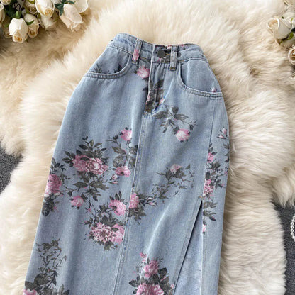 Flowers Print Jeans Women Vintage High Waist Denim Long Pants 2025 Fashion Autumn Casual Wide Leg Full Length Denim Trousers