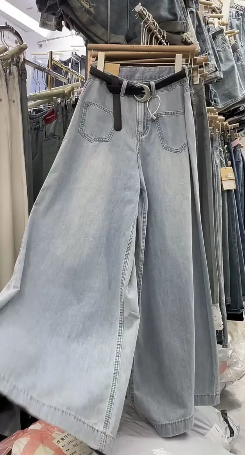 Wide-leg Jeans Women's Summer Thin 2024 New High-waisted Slimming Big Horn Loose Draping Mop Trouser Skirt Tide Women's Clothing