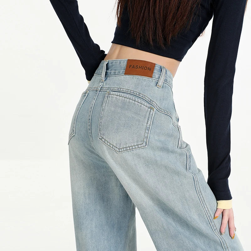 Woman Jeans High Waist Wide Leg Cotton Denim Clothing Design Sense Straight Pant Fashion Comfort White Retro Blue Casual Trouser