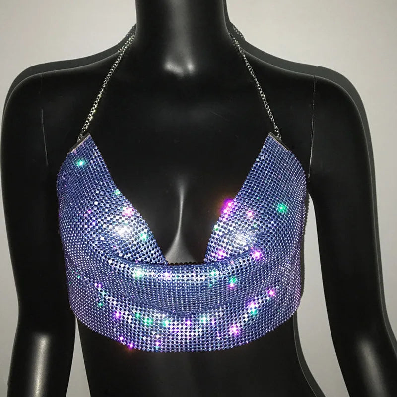 Shiny Rhinestone Tank Tops For Women Sexy Deep V Neck Backless Crop Tops For Women Rave Party Nightclub Camisole Y2K New