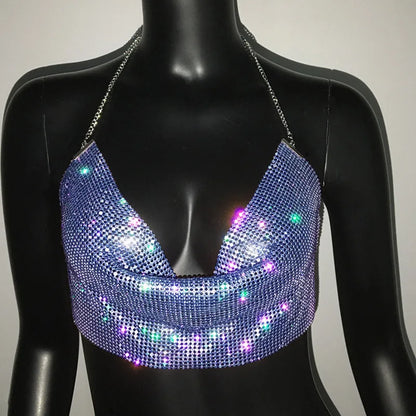 Shiny Rhinestone Tank Tops For Women Sexy Deep V Neck Backless Crop Tops For Women Rave Party Nightclub Camisole Y2K New