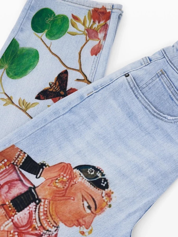 2025 new foreign trade Spain original single women's jeans Bohemian style printed straight leg elastic casual straight leg pants