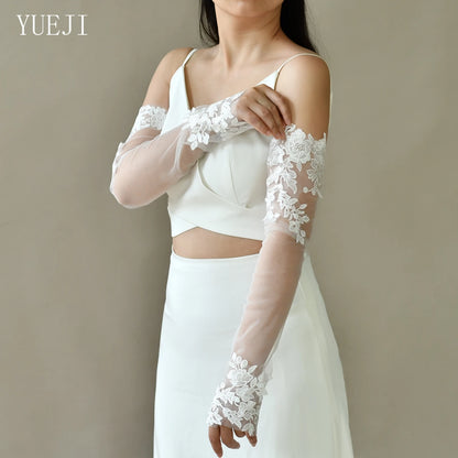 YUEJI Bridal Wedding Mesh Elbow Length Fingerless Gloves High Quality Handmade Lace Embroidery Stage Performance Props VM46
