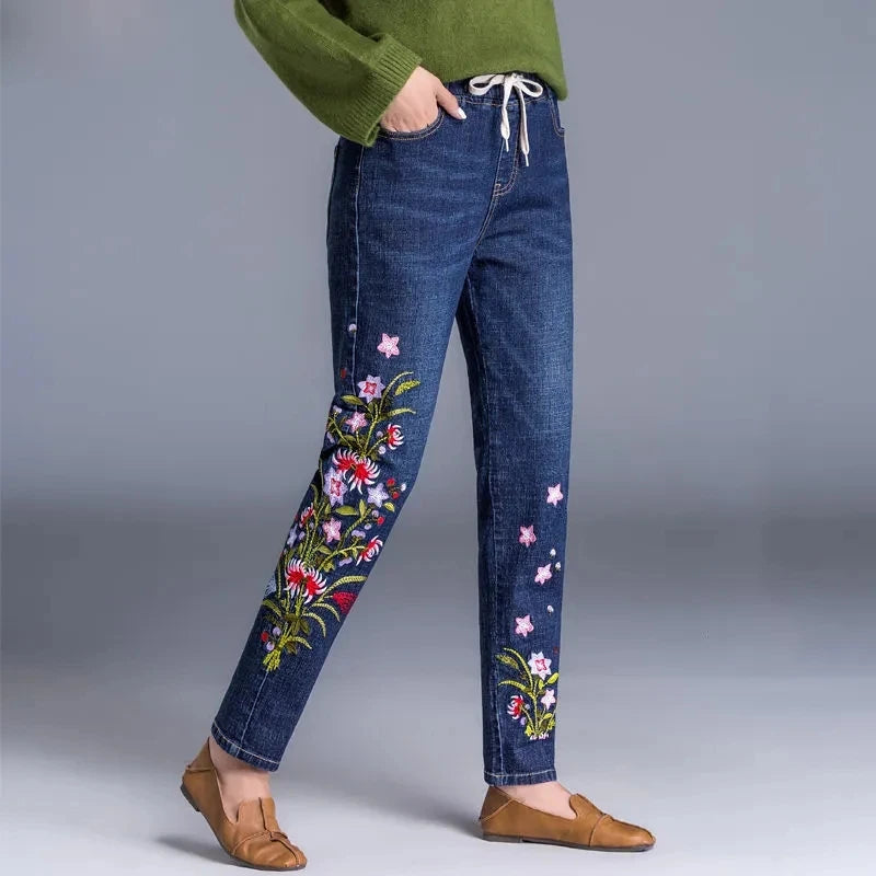 Brand Embroidery Jeans Womens Light Blue Elastic Waist Denim Pants High Waist Straight Leg Cropped Cut Jeans Spring Female
