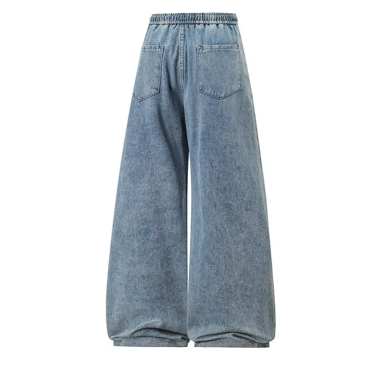 2025 New Elastic Waist Drawstring Solid Color Loose Fit Wide Leg Jeans Wide Leg Trendy High Waist Denim Pants for Men Women 3XL