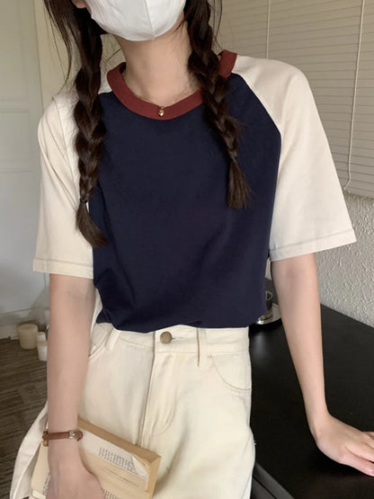 Summer Tops for Women Tshirt Turn Down Collar Short Sleeve Beige Blue Chic Y2k Fashion Patchwork 2026 T Shirts