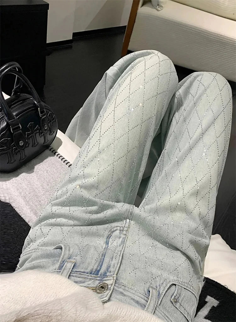 Fashion Women's Jeans High Waist One Side Plaid Shape Diamonds Wide Leg Denim Pants 2025 New Classic Straight Trousers