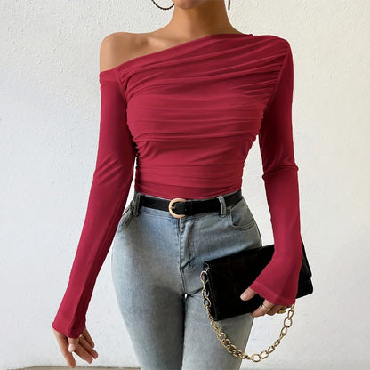 Autumn Winter Top Women 2025 Fall Fashion Off The Shoulder Long Sleeve Shirts Crop Tops Slim Fit Blouses Y2K Clothing Streetwear