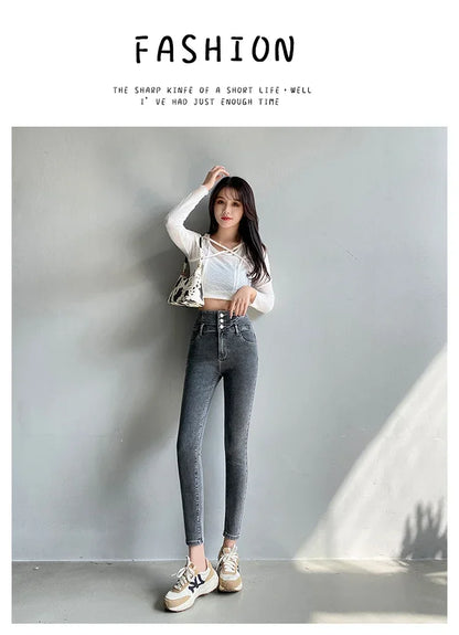 New Women's High Waist Stretch Jeans Blue Black Gray Fashionable and Versatile Multi-button Popular Slim Denim Long Pants Female