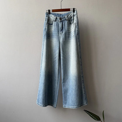 Women's Retro High-waisted Wide-leg Jeans  Loose  Slimming  Drapey  Casual Floor-length Pants for Autumn and Winter