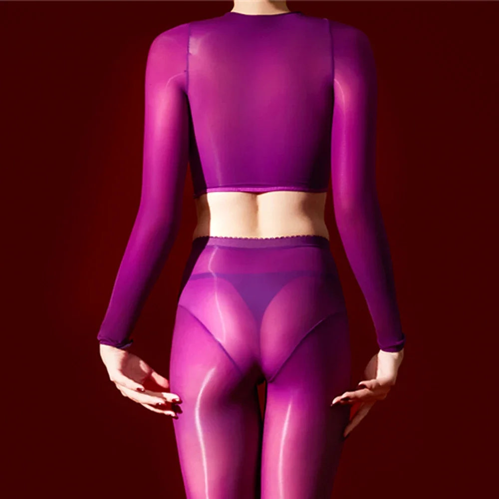 Women's 5D Ultrathin Crop Tops Elastic Shaping Oil Shiny Sheer See Through T-shirts Woman Clothing Summer Shirts Yoga Tops