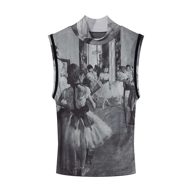 Genayooa Y2k Vintage Tank Tops Women Print Mesh Tops See Through Streetwear Sleeveless Tops Patchwork 2000s Japanese Tee Tops