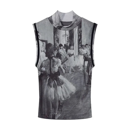 Genayooa Y2k Vintage Tank Tops Women Print Mesh Tops See Through Streetwear Sleeveless Tops Patchwork 2000s Japanese Tee Tops