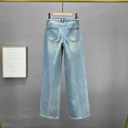 Fashion Women Blue Jeans High Waist Diamond Studded Straight Denim Pants Spring Summer Female Chic Trousers