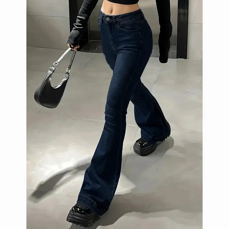 Women High Waist Flare Jeans Lady Fashion Comfortable Bootcut Denim Pants Female Slim Fit Bell Bottoms Retro Blue Nice Trousers