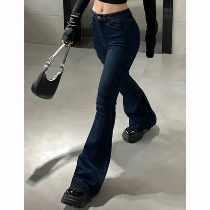 Women High Waist Flare Jeans Lady Fashion Comfortable Bootcut Denim Pants Female Slim Fit Bell Bottoms Retro Blue Nice Trousers
