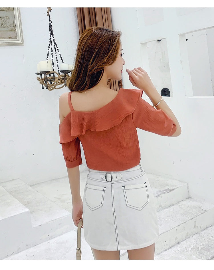 Women's Shirt Tops Fashion One-Shoulder Ruffles Short-sleeved Tops Chiffon Tops S-XXL