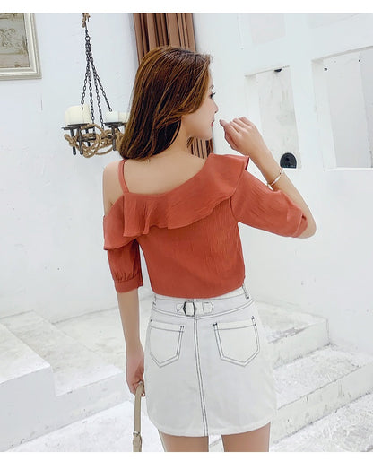 Women's Shirt Tops Fashion One-Shoulder Ruffles Short-sleeved Tops Chiffon Tops S-XXL