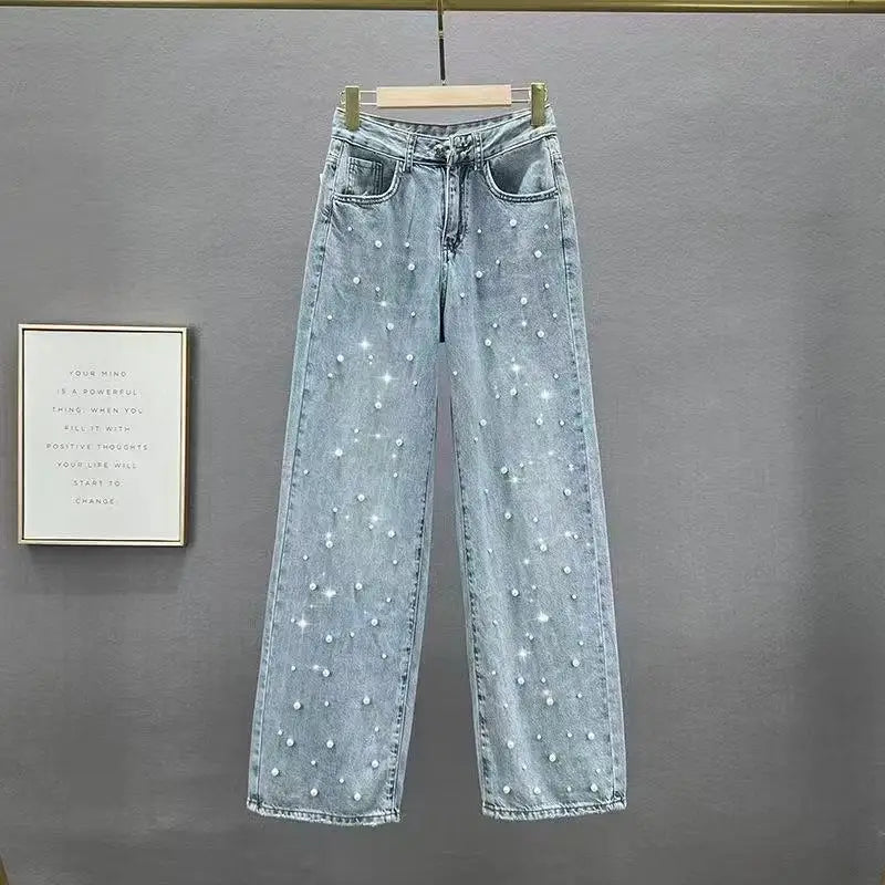 New 2026 Women's Jeans Pants Beading High Waist Casual Straight Pants for Women Streetwear Elegant Splice Denim Female Trousers