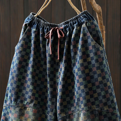 Women Casual Boyfriend Jeans New Arrival 2025 Autumn Vintage Style Plaid Pattern Loose Female Denim Harem Pants M1854