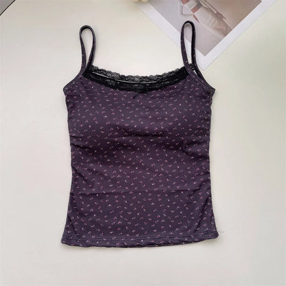 Women Floral Bow Knot Tops Summer Casual Sleeveless Ice Silk Bra Tops With Pad Sweet Lace Vest With Chest Cushion T Shirts 2024