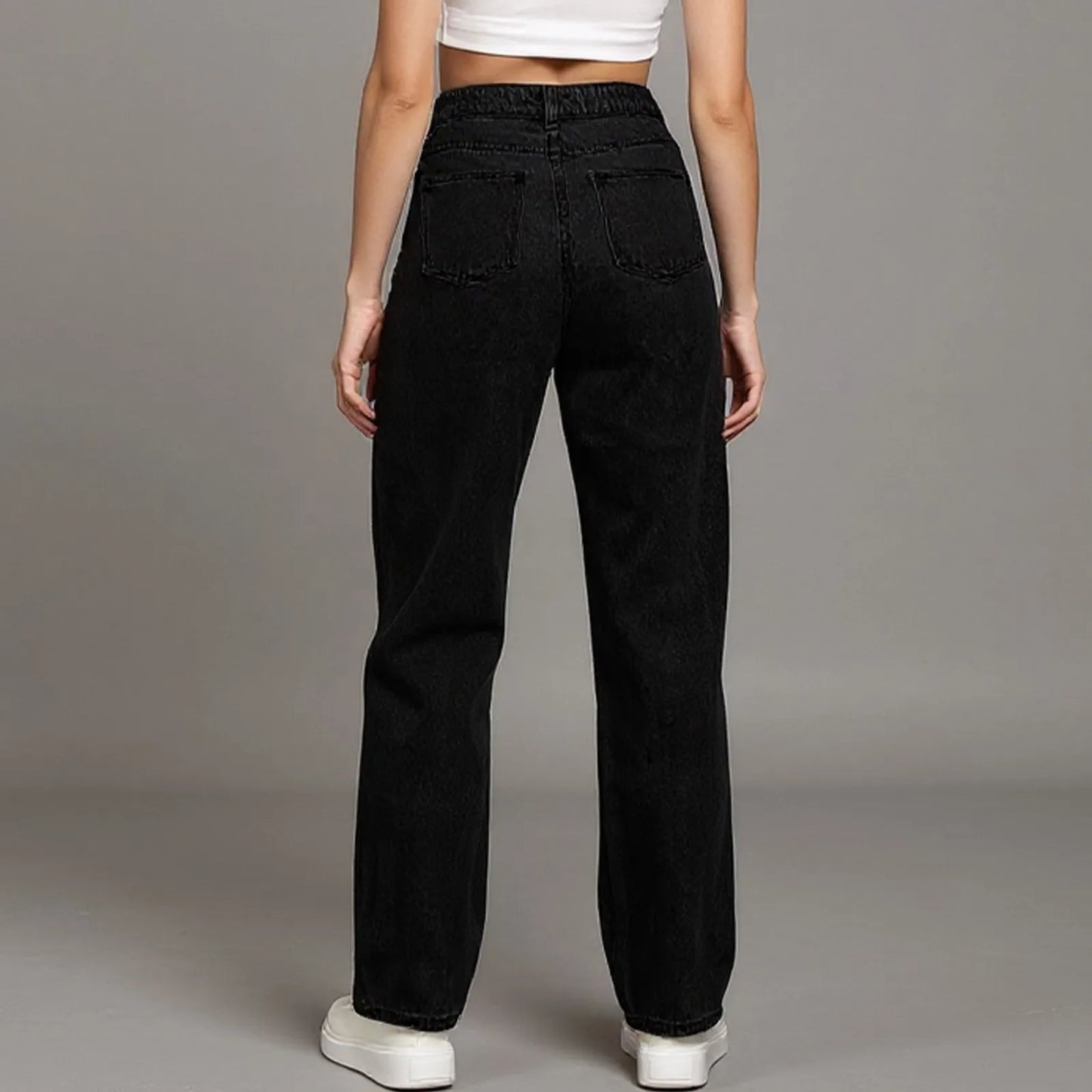 Women'S Straight Jeans Solid Color Distressed High Waist Design Retro Trousers American Hot Girl Style Pants Daily Street Wear