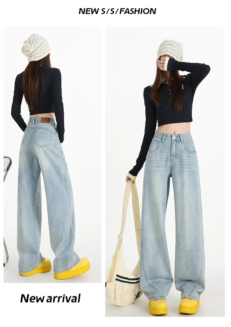 Woman Jeans High Waist Wide Leg Cotton Denim Clothing Design Sense Straight Pant Fashion Comfort White Retro Blue Casual Trouser