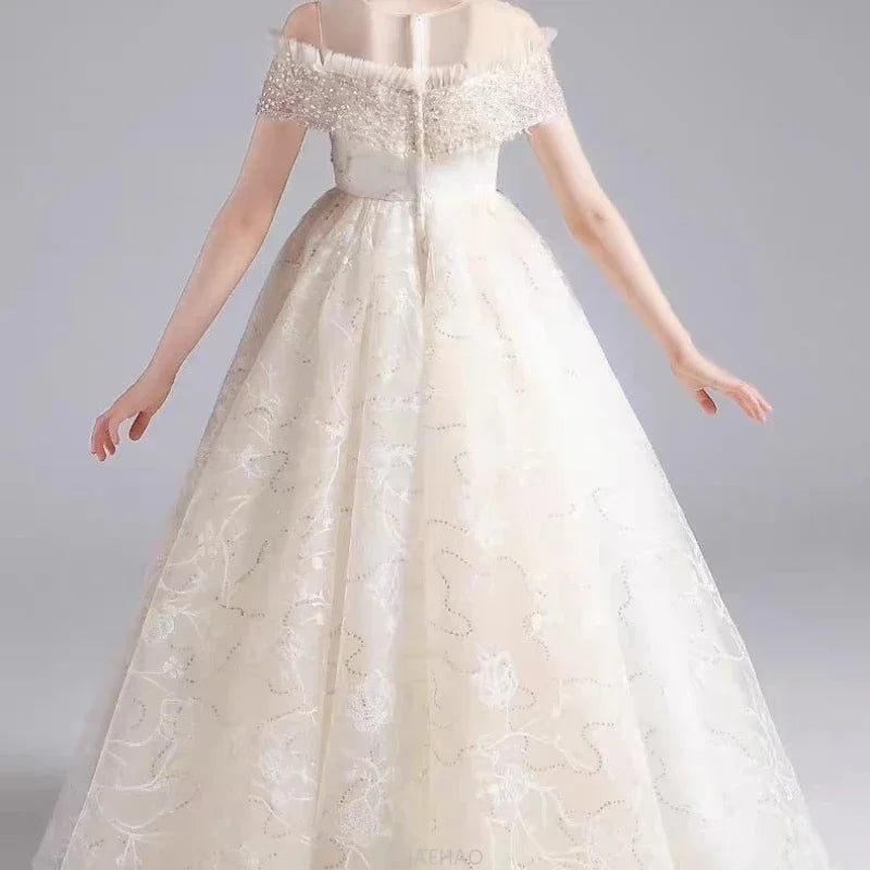 Long Dress 2025 Flower Girl Wedding Dresses Children GirlsGown Costume Kids Host Piano Outfits Birthday Party Vestido Princess