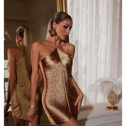 Fringe V-neck Mini Dress Halterneck Vestidos Women Elegant Cut Out Short Dress Fashion Patchwork Asymmetric Tassel Decor Dresses