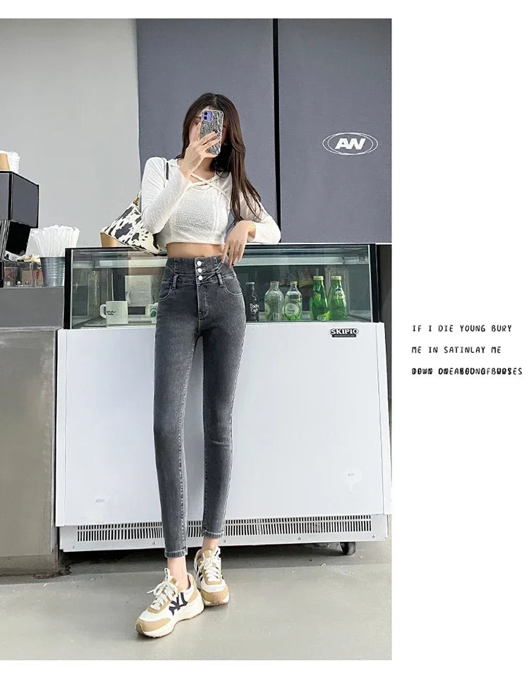 New Women's High Waist Stretch Jeans Blue Black Gray Fashionable and Versatile Multi-button Popular Slim Denim Long Pants Female