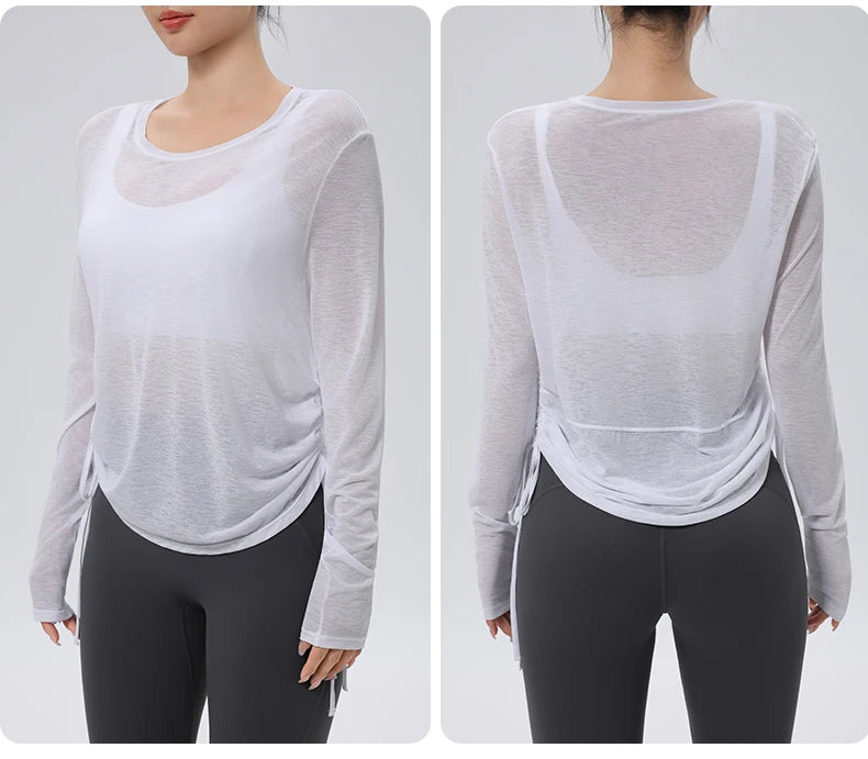 Thin Sunscreen Clothes Yoga Loose Top Drawstring Long Sleeve T-shirt Women's Gym Outdoor Exercise Clothing