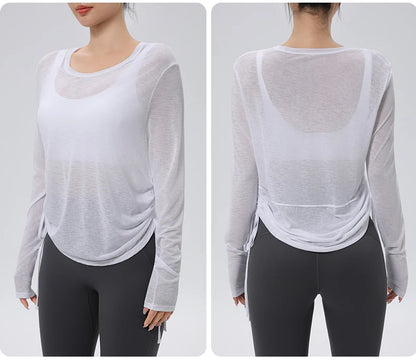 Thin Sunscreen Clothes Yoga Loose Top Drawstring Long Sleeve T-shirt Women's Gym Outdoor Exercise Clothing