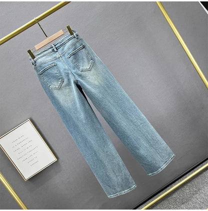 Fashion Women Blue Jeans High Waist Diamond Studded Straight Denim Pants Spring Summer Female Chic Trousers