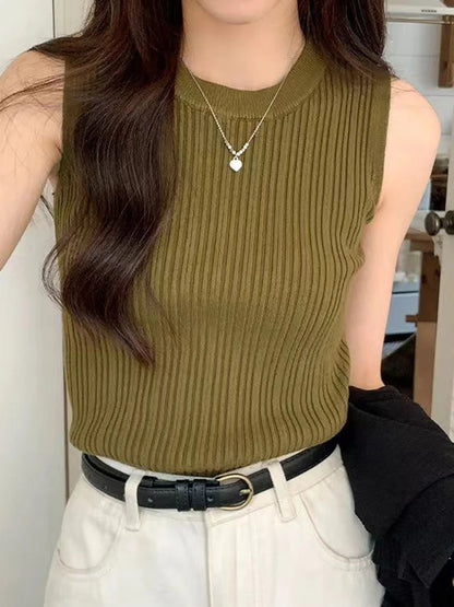 2026 Women Knitted Green Tank Tops Women Thin Tops Basic Casual Tank Tops O-neck Tees Sleeveless Tops For Women