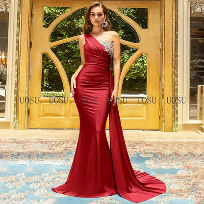 Bridesmaid Dress Champagne One Shoulder Mermaid Bridesmaid Gown for Wedding Draped Beading Women's Formal Evening Dresses Long