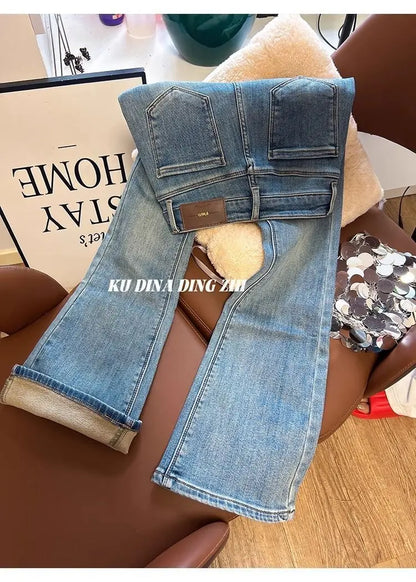 Flared Jeans for Women 25 Autumn Winter New Arrival Plus Velvet Elastic Retro Slim Sexy Petite Long Pants