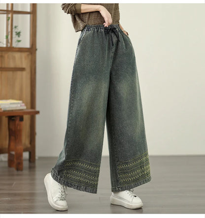 Jeans Women 2025 Autumn New Jeans Retro Heavy Industry Embroidery Ethnic Style Elastic Waist Casual Oversized Wide Leg Pants