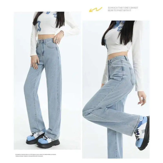 Woman Vintage Wide Leg Jeans Girls High Waist Pants Female Fashion Black Black Grey Retro Blue Light Blue Pink Denim Trousers