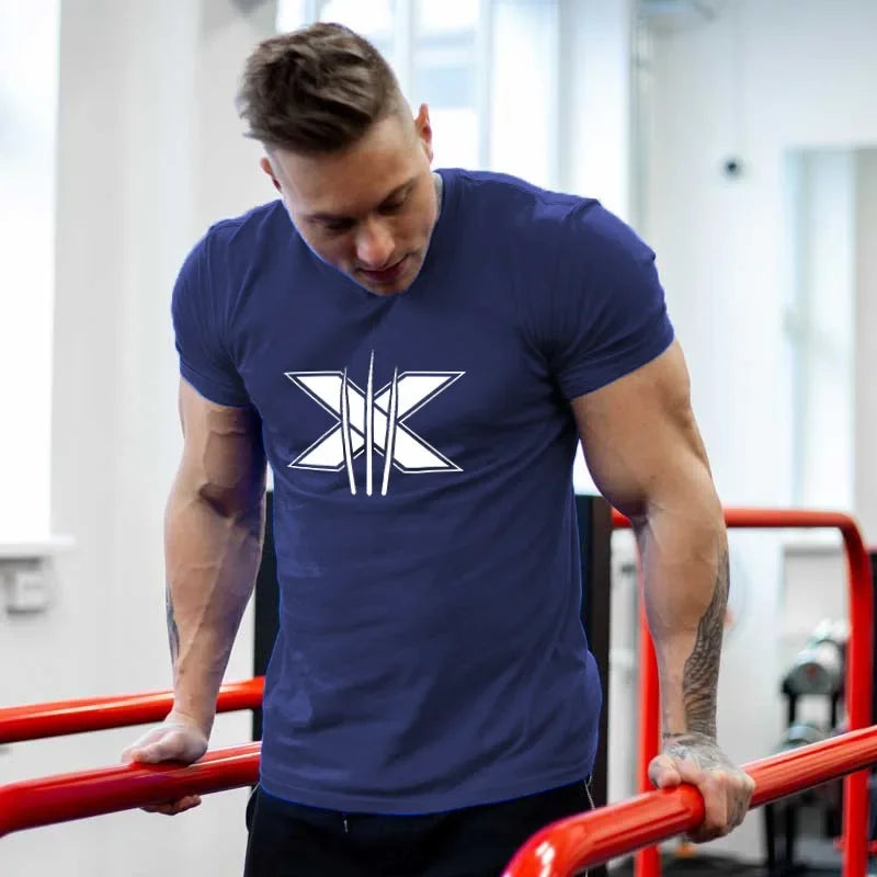 Men's Gym Fitness Clothing Man Cotton Sports Short Sleeve T-shirt Running Training Slim Printed Shirt Sweatshirt Casual Tops