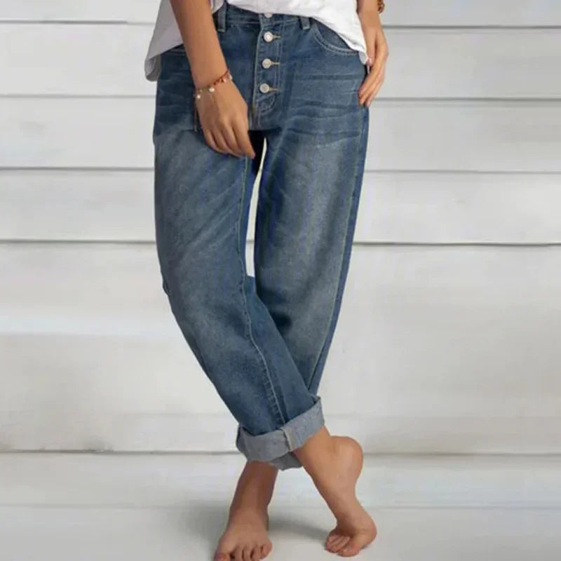 New Women Versatile Simple Denim Pants High Waist Single-breasted Splicing Straight Jeans Female Loose Casual Washable Trousers