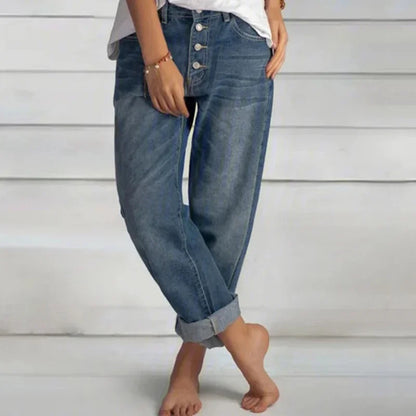 New Women Versatile Simple Denim Pants High Waist Single-breasted Splicing Straight Jeans Female Loose Casual Washable Trousers