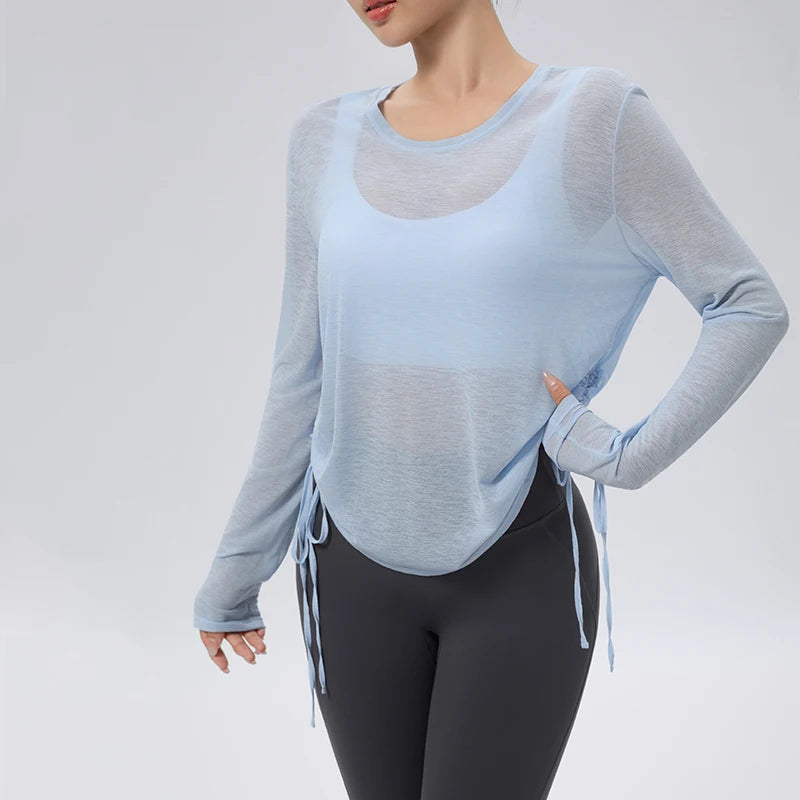 Thin Sunscreen Clothes Yoga Loose Top Drawstring Long Sleeve T-shirt Women's Gym Outdoor Exercise Clothing