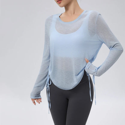 Thin Sunscreen Clothes Yoga Loose Top Drawstring Long Sleeve T-shirt Women's Gym Outdoor Exercise Clothing