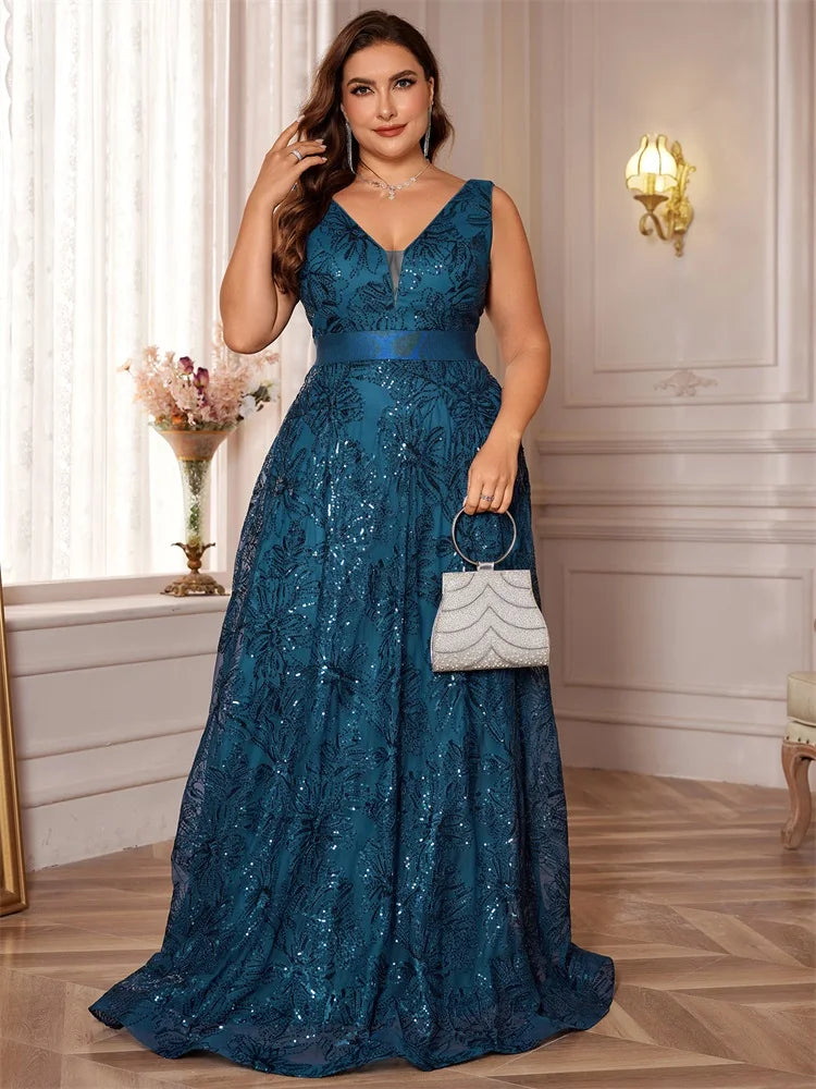 Plus Size Luxury Deep V-Neck Sequins Blue Evening Dress Women Elegant V-back Wedding Party Long Prom Cocktail Dresses