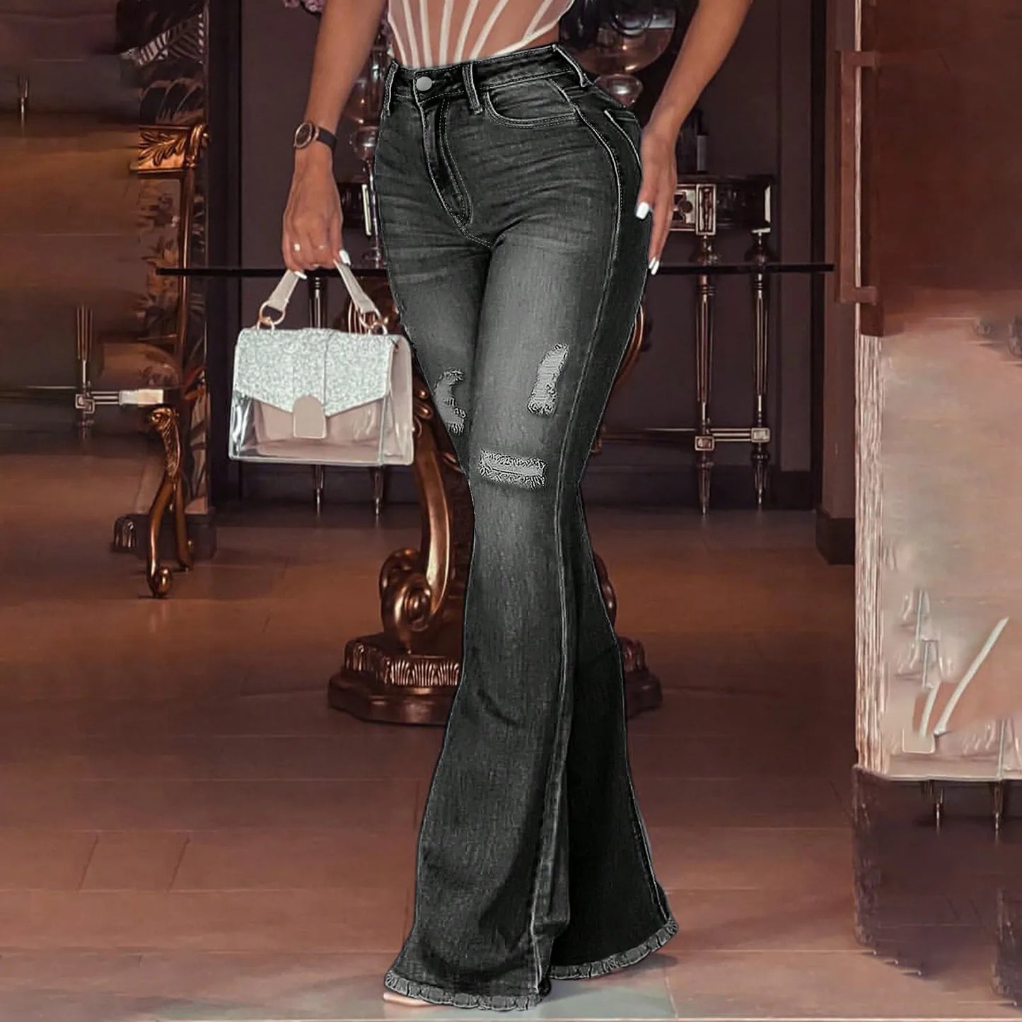 Womens Jeans Retro Solid Color High Waist Stretch Denim Pants Sexy Design Jeans Fashion Streetwear Daily Female Elastic Trousers